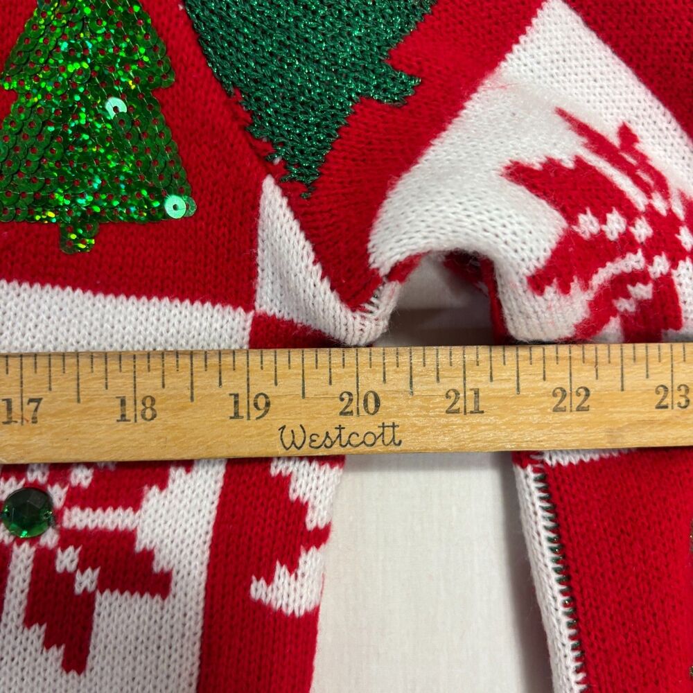 Ugly Christmas Holiday Sweater Button Up Cardigan Red Sequin Trees Sz S (4-6) - Picture 9 of 9